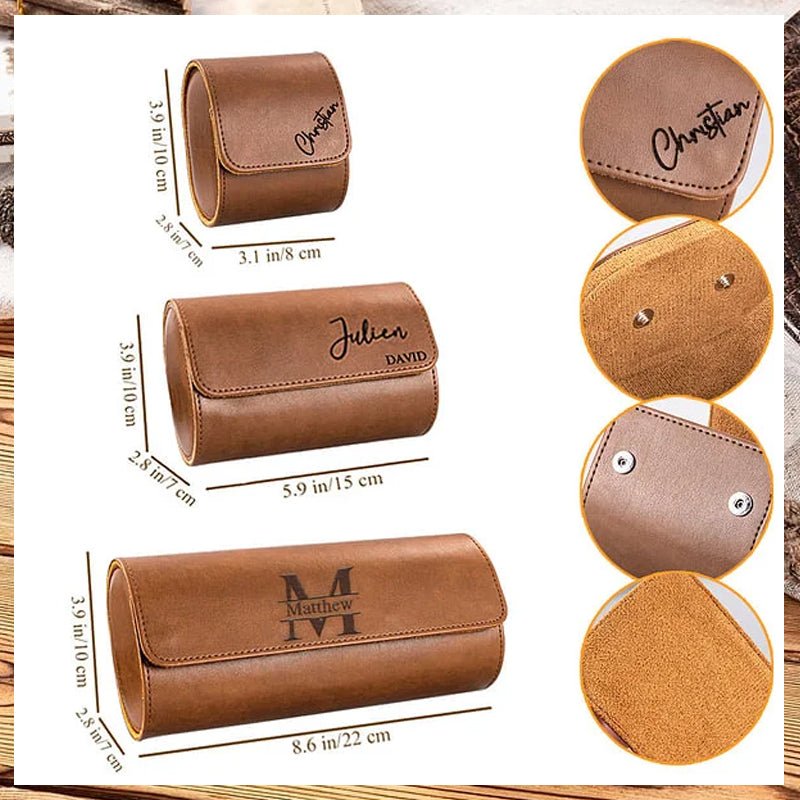 Personalized Portable Monogram Leather Watch Roll Travel Case with 1-3 Slots Wedding Father's Day Gift for Men Groomsmen - Canvasgiftco