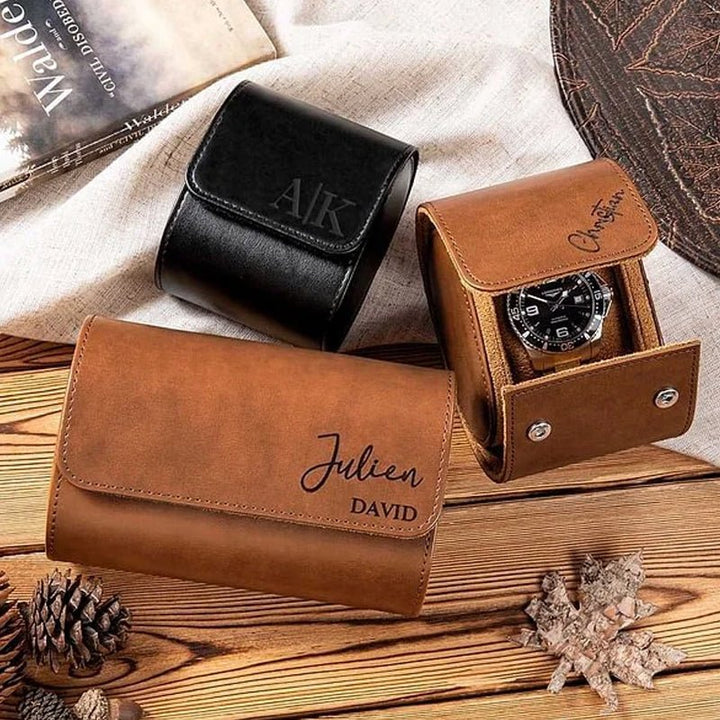Personalized Portable Monogram Leather Watch Roll Travel Case with 1-3 Slots Wedding Father's Day Gift for Men Groomsmen - Canvasgiftco
