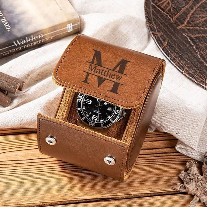 Personalized Portable Monogram Leather Watch Roll Travel Case with 1-3 Slots Wedding Father's Day Gift for Men Groomsmen - Canvasgiftco