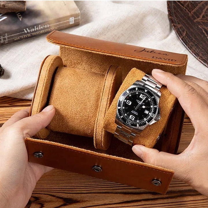 Personalized Portable Monogram Leather Watch Roll Travel Case with 1-3 Slots Wedding Father's Day Gift for Men Groomsmen - Canvasgiftco