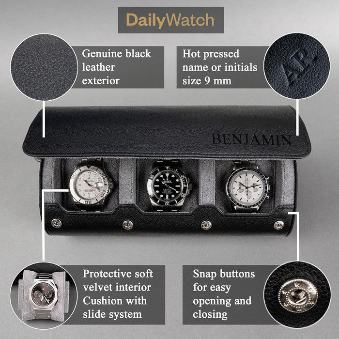 Personalized Portable Monogram Leather Watch Roll Travel Case with 1-3 Slots Wedding Father's Day Gift for Men Groomsmen - Canvasgiftco