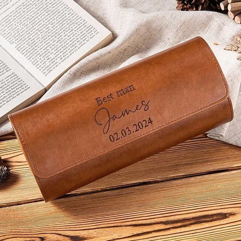Personalized Portable Monogram Leather Watch Roll Travel Case with 1-3 Slots Wedding Father's Day Gift for Men Groomsmen - Canvasgiftco