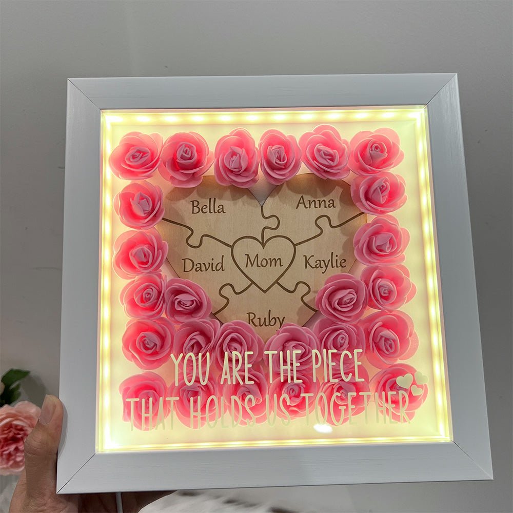Personalized Puzzle Piece Mom Heart Shaped Flower Shadow LED Box - Canvasgiftco