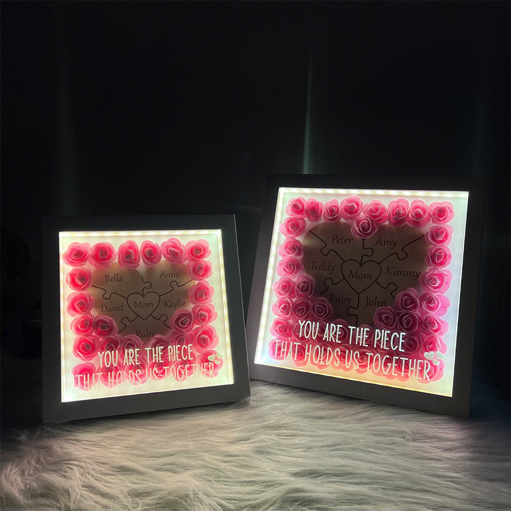 Personalized Puzzle Piece Mom Heart Shaped Flower Shadow LED Box - Canvasgiftco