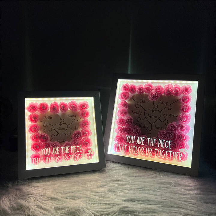Personalized Puzzle Piece Mom Heart Shaped Flower Shadow LED Box - Canvasgiftco