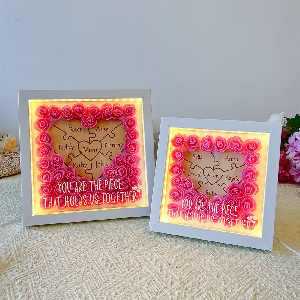 Personalized Puzzle Piece Mom Heart Shaped Flower Shadow LED Box - Canvasgiftco