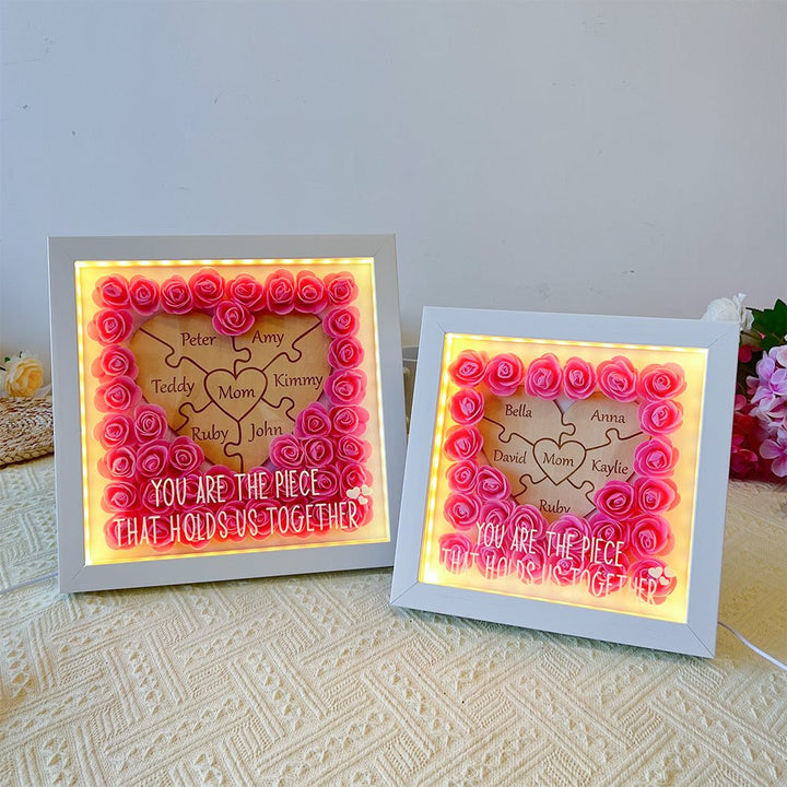 Personalized Puzzle Piece Mom Heart Shaped Flower Shadow LED Box - Canvasgiftco