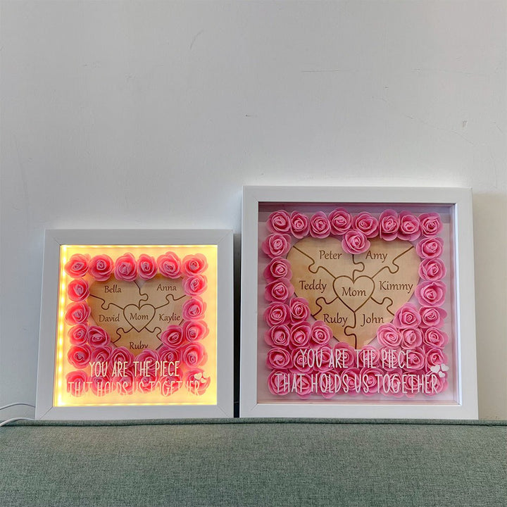 Personalized Puzzle Piece Mom Heart Shaped Flower Shadow LED Box - Canvasgiftco