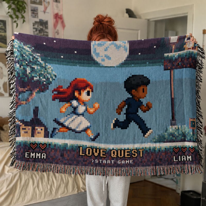 Personalized Retro 8-Bit Gaming Couple Adventure Woven Blanket – Custom Gamer Love Story Throw Blanket with Names - Canvasgiftco