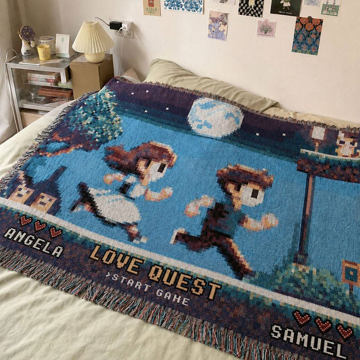 Personalized Retro 8-Bit Gaming Couple Adventure Woven Blanket – Custom Gamer Love Story Throw Blanket with Names - Canvasgiftco