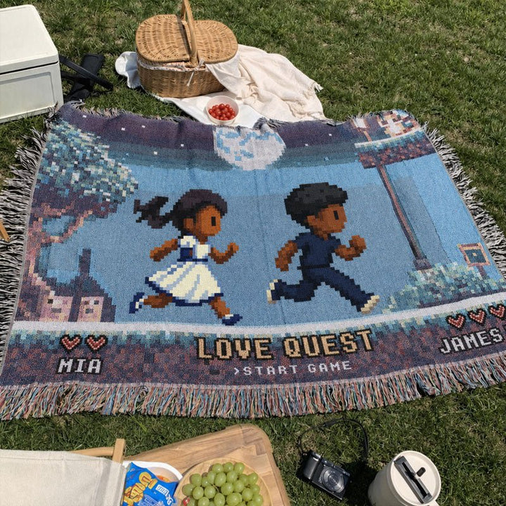 Personalized Retro 8-Bit Gaming Couple Adventure Woven Blanket – Custom Gamer Love Story Throw Blanket with Names - Canvasgiftco