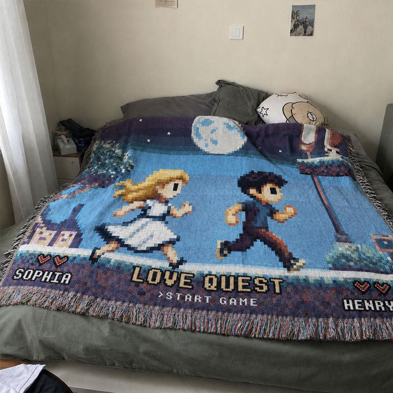 Personalized Retro 8-Bit Gaming Couple Adventure Woven Blanket – Custom Gamer Love Story Throw Blanket with Names - Canvasgiftco