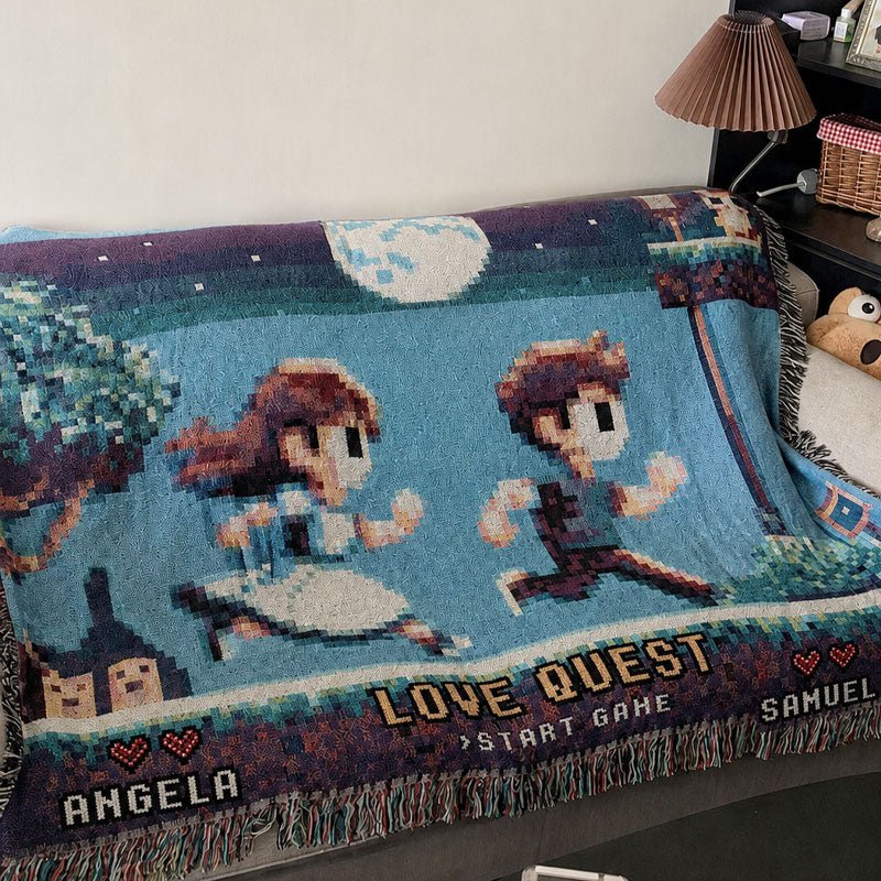 Personalized Retro 8-Bit Gaming Couple Adventure Woven Blanket – Custom Gamer Love Story Throw Blanket with Names - Canvasgiftco