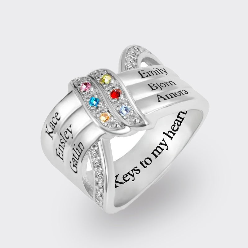 Personalized Ribbon Knot Ring - 1-8 Birthstones and Engraved Names - Canvasgiftco