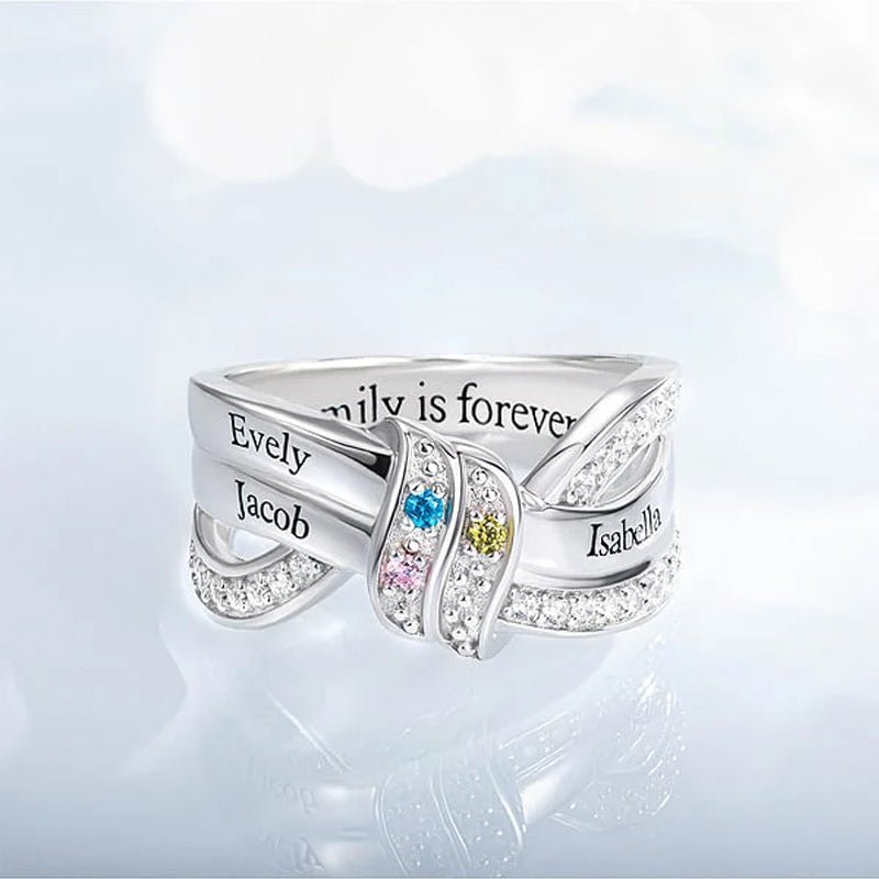 Personalized Ribbon Knot Ring - 1-8 Birthstones and Engraved Names - Canvasgiftco
