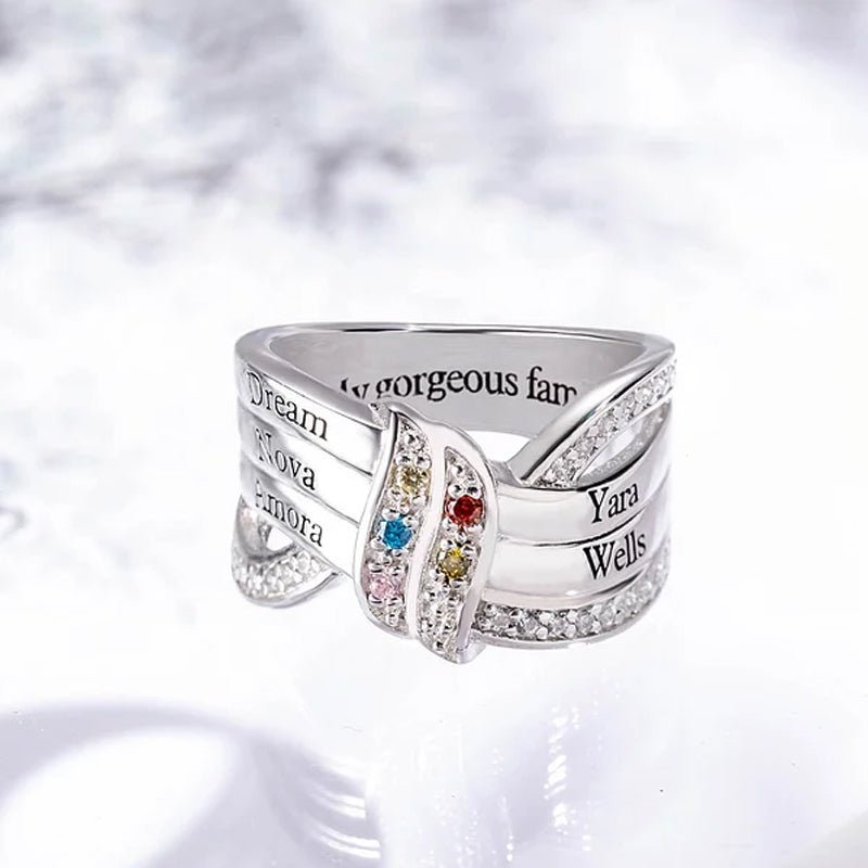 Personalized Ribbon Knot Ring - 1 - 8 Birthstones and Engraved Names - Canvasgiftco