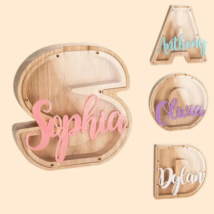 Personalized Wooden Letter Piggy Bank – Fun Way to Save! - Canvasgiftco