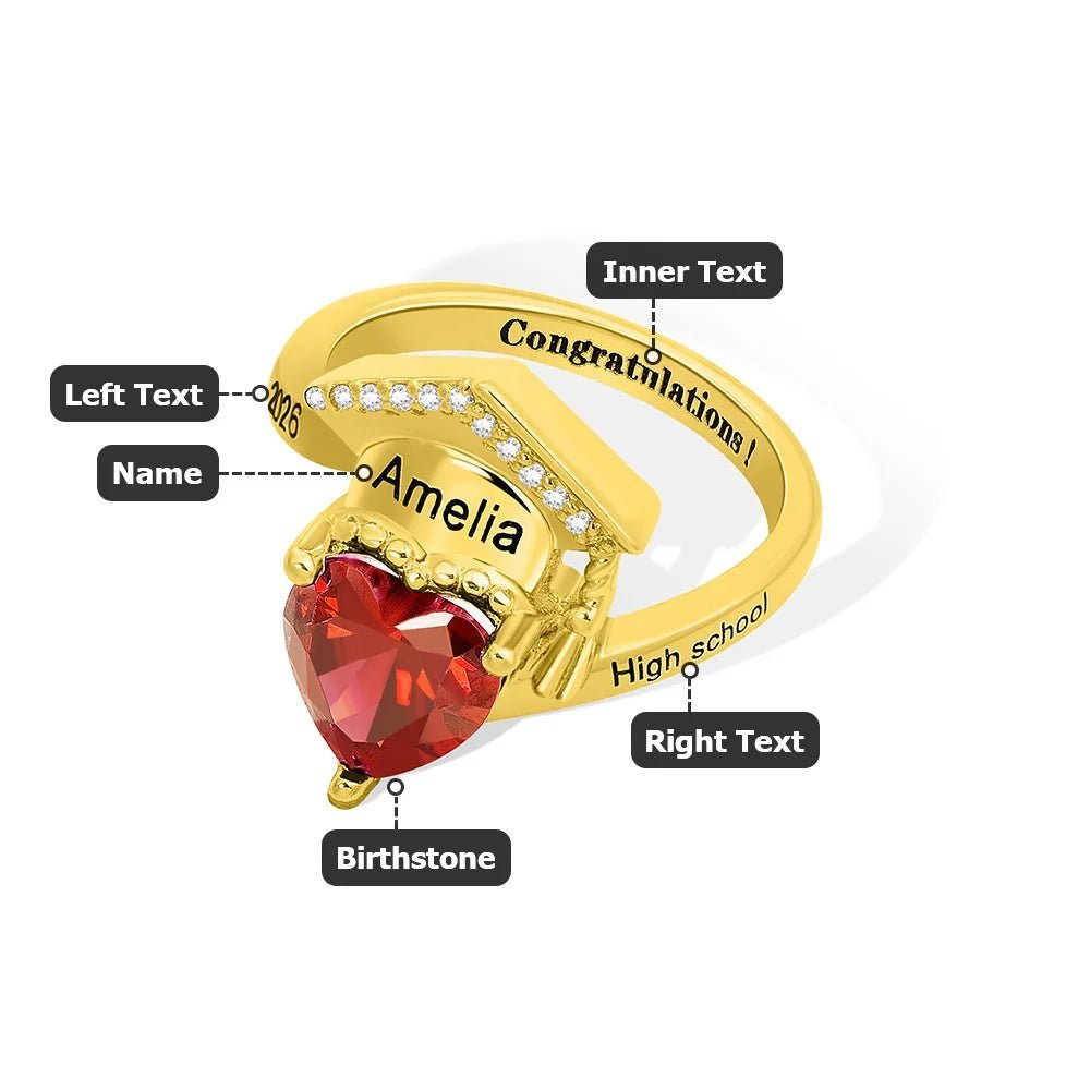 Personalized Zircon Grad Cap Heart Birthstone Ring - Canvasgiftco