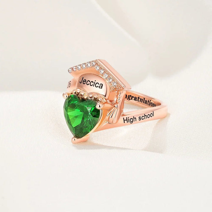 Personalized Zircon Grad Cap Heart Birthstone Ring - Canvasgiftco
