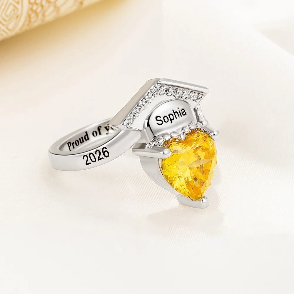 Personalized Zircon Grad Cap Heart Birthstone Ring - Canvasgiftco