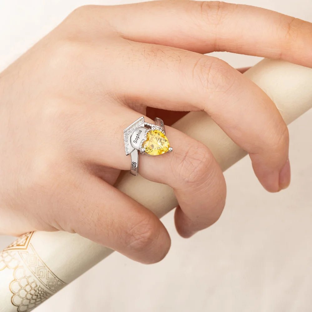 Personalized Zircon Grad Cap Heart Birthstone Ring - Canvasgiftco