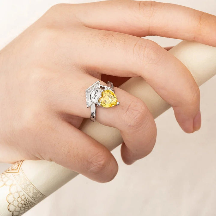 Personalized Zircon Grad Cap Heart Birthstone Ring - Canvasgiftco