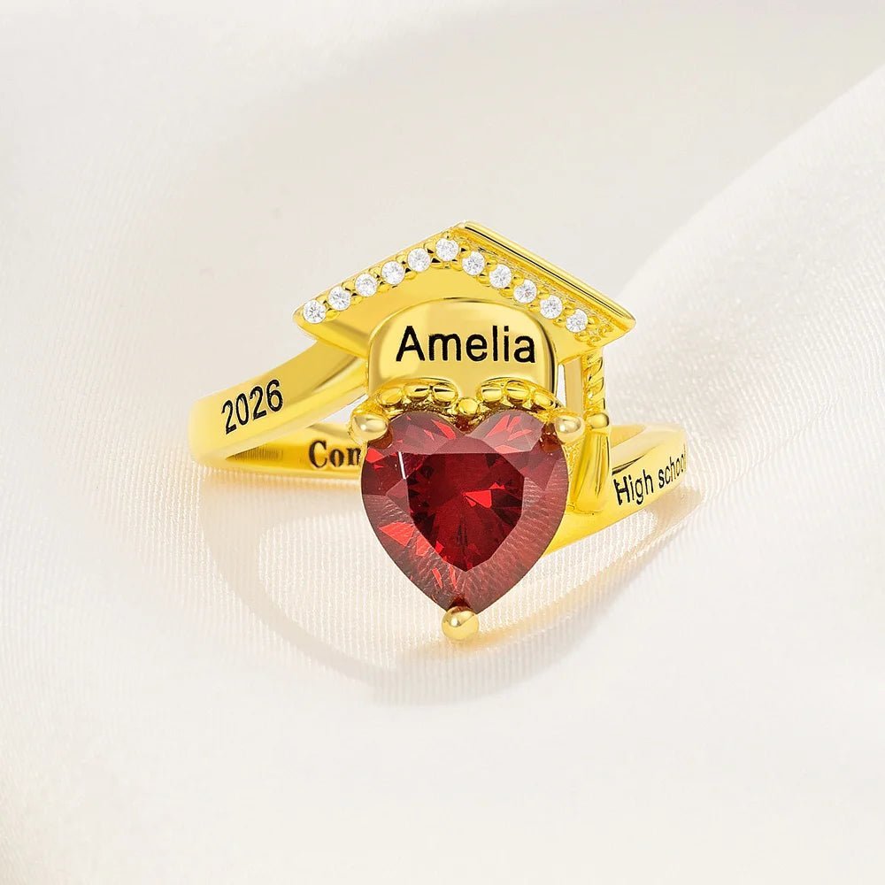 Personalized Zircon Grad Cap Heart Birthstone Ring - Canvasgiftco