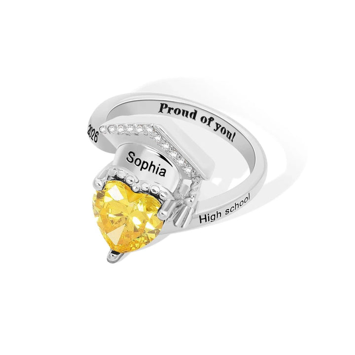 Personalized Zircon Grad Cap Heart Birthstone Ring - Canvasgiftco