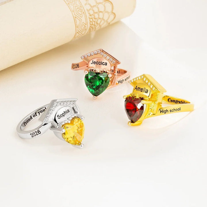Personalized Zircon Grad Cap Heart Birthstone Ring - Canvasgiftco