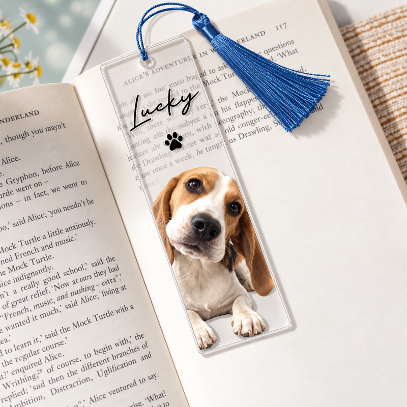 Lucky dog portrait bookmark with blue tassel