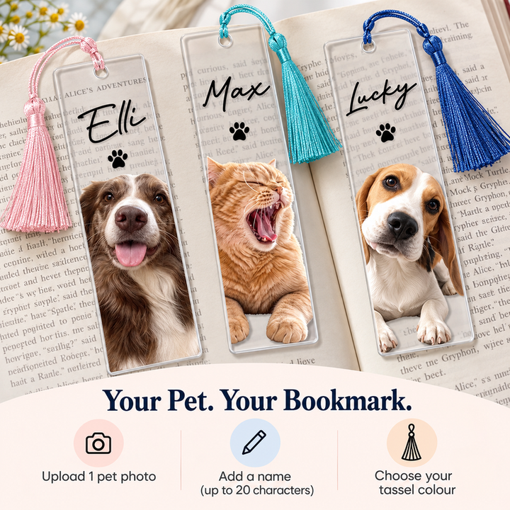 Customise with one pet photo a name of up to 20 characters and a tassel colour
