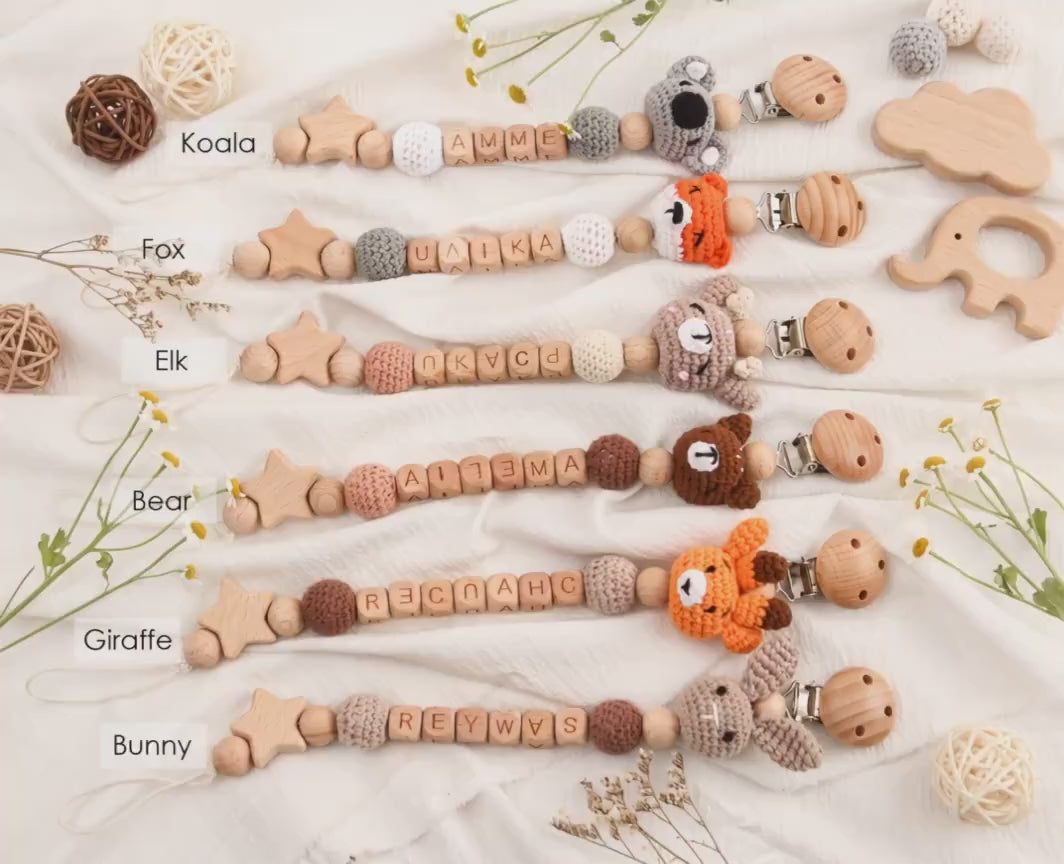 Personalized Crochet Animal Pacifier Clip – Custom Baby Name Gift
