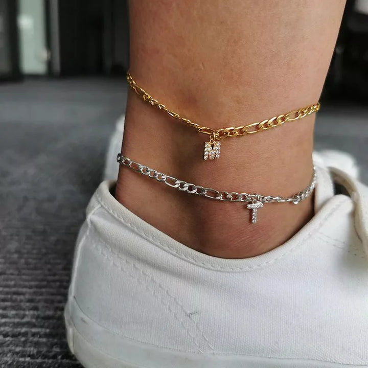 Personalized Sparkle Initial Anklet with Adjustable Figaro Chain & Crystal Initials