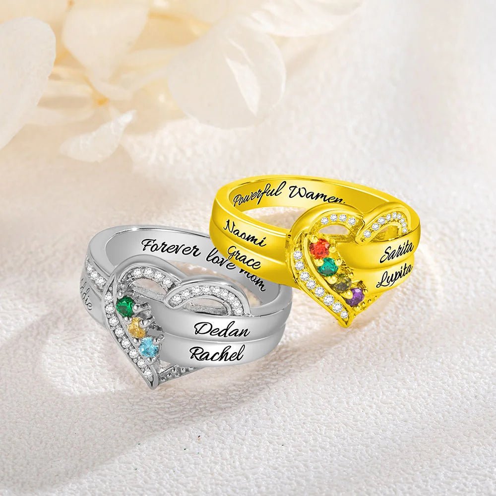 Where Hearts Meet, Love Gleams In Every Stone - Personalized 1 - 8 Birthstones Heart Family Ring - Canvasgiftco