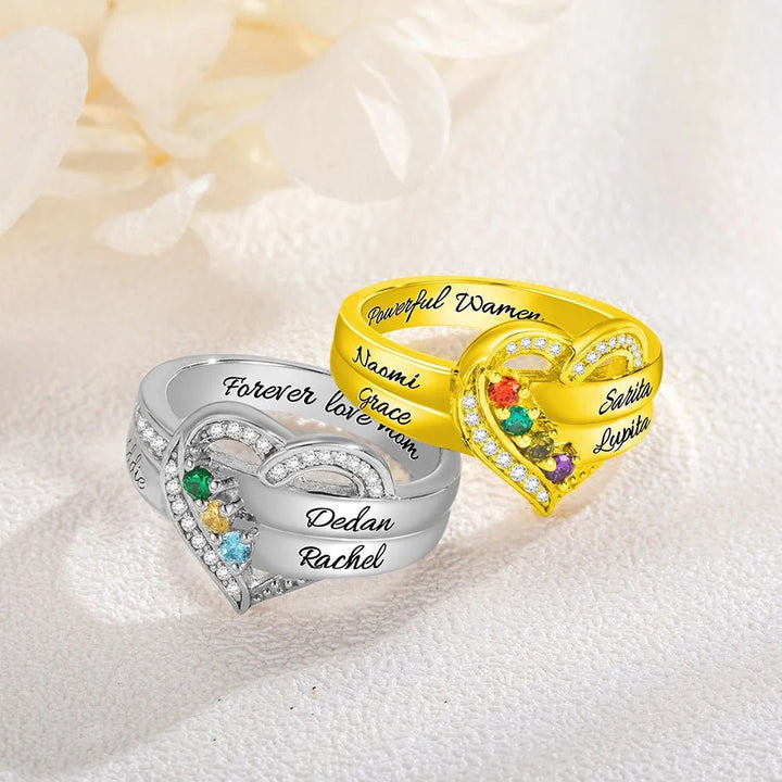 Where Hearts Meet, Love Gleams In Every Stone - Personalized 1 - 8 Birthstones Heart Family Ring - Canvasgiftco