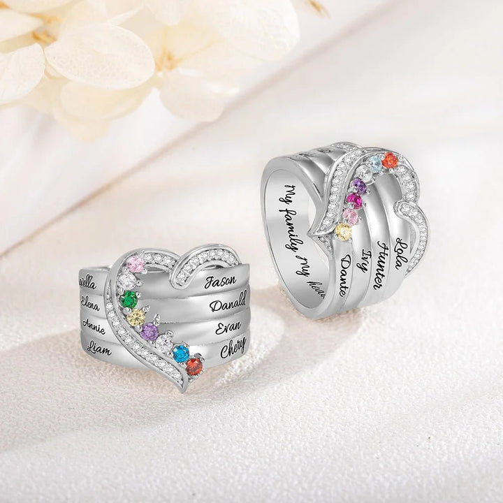 Where Hearts Meet, Love Gleams In Every Stone - Personalized 1 - 8 Birthstones Heart Family Ring - Canvasgiftco