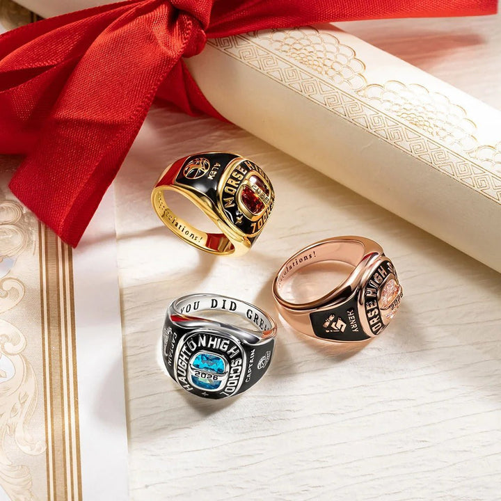 Your Grad Story, Stuck in Stone - Custom Birthstone Class Ring Engraved School Name - Gift for High School/University Graduates - Canvasgiftco