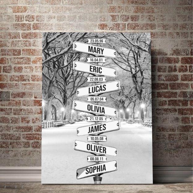 Personalized Canvas Wall Art "Date of birth of children" Snowing Central Park